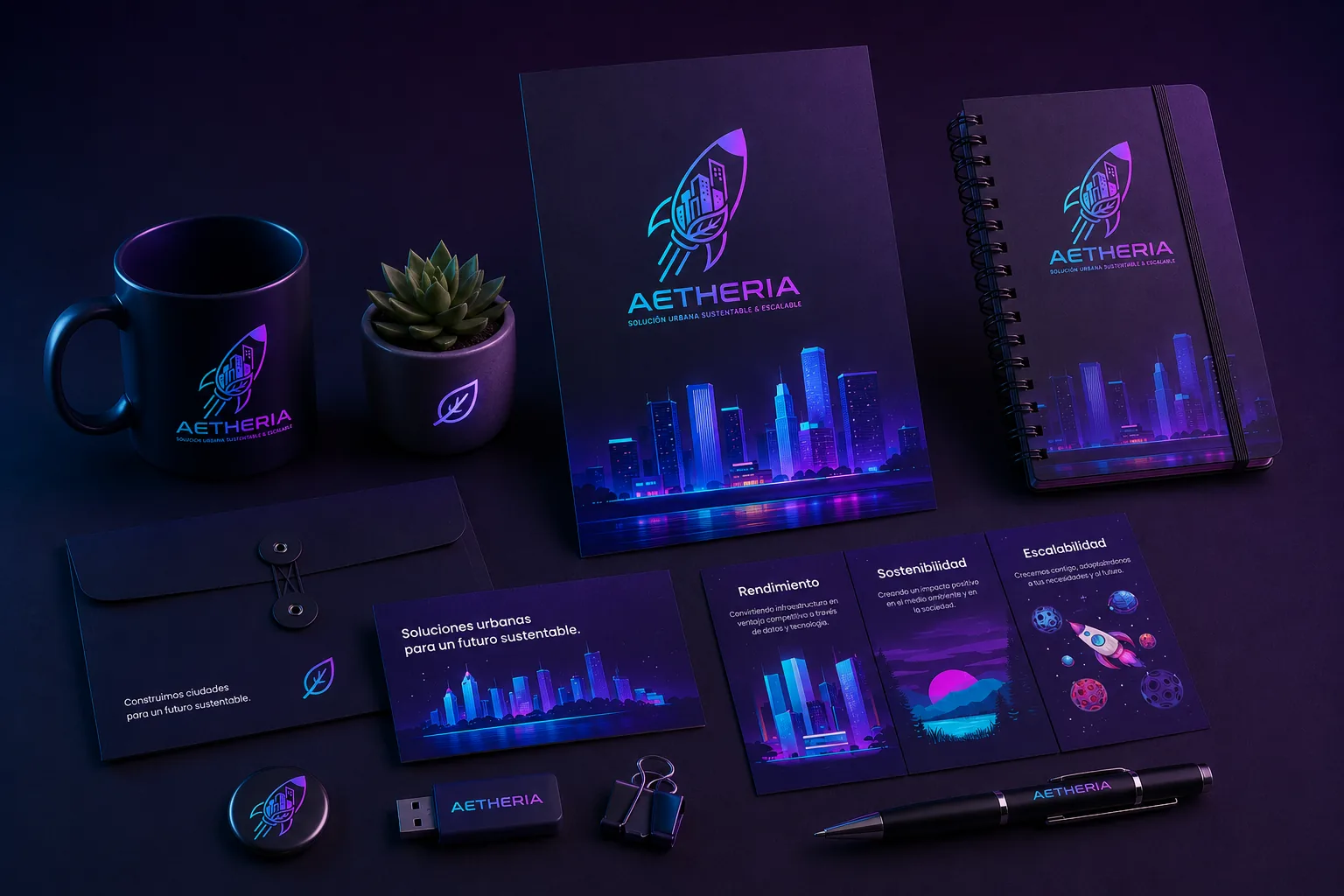 Set de papeler\u00eda AETHERIA sobre fondo oscuro, variante de estudio
